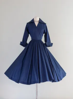 1950's Classic Midnight Blue New Look Era Wrap Dress / Waist 28"