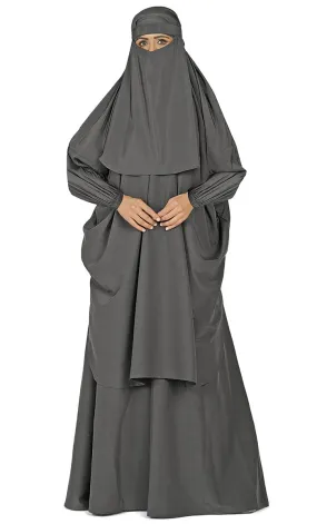 All Occasion Wear Grey Niqabh, Burkha, Khimar And Lining Set