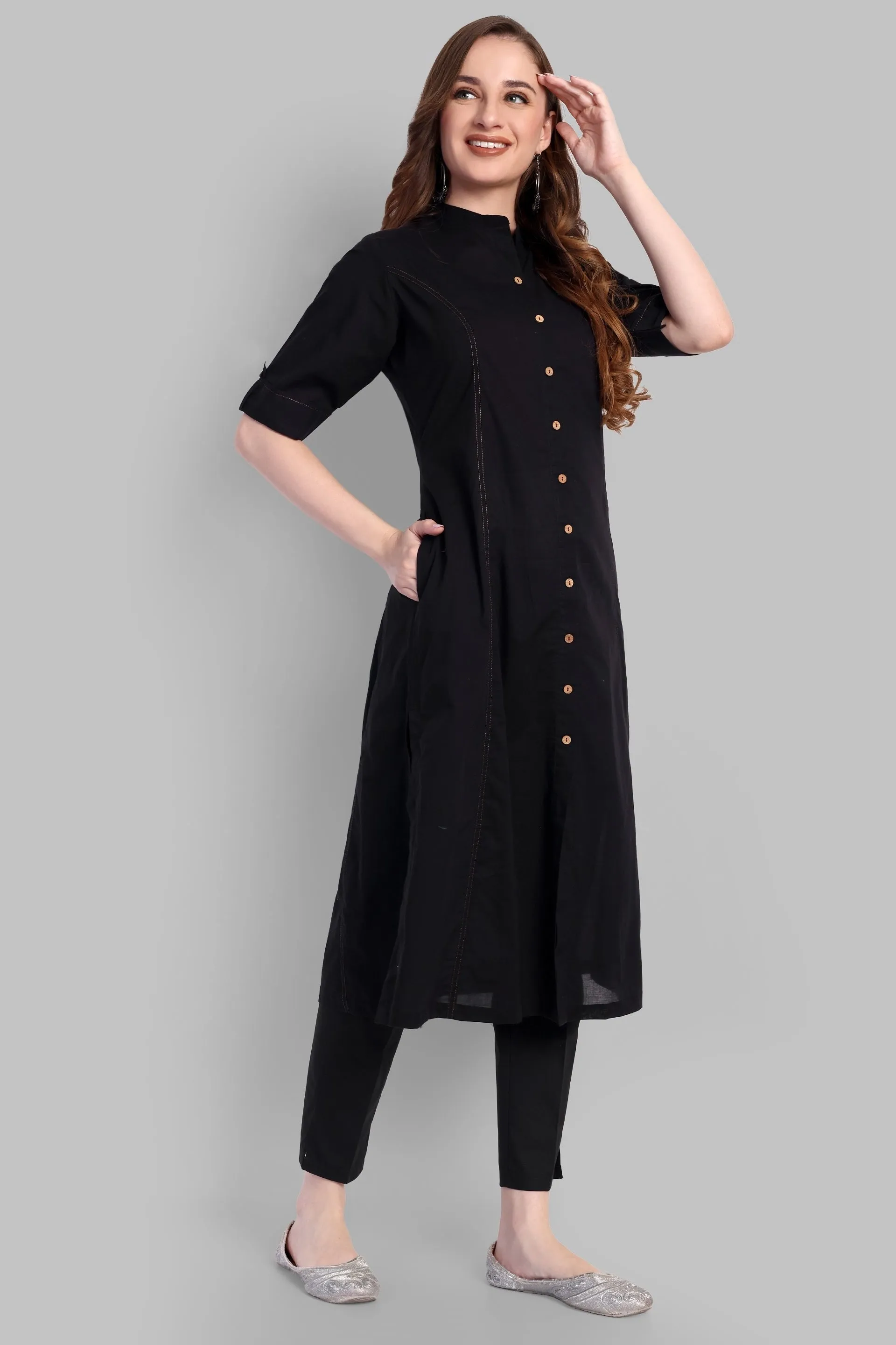 Black A Line Cotton Kurta with Pant - Set of 2