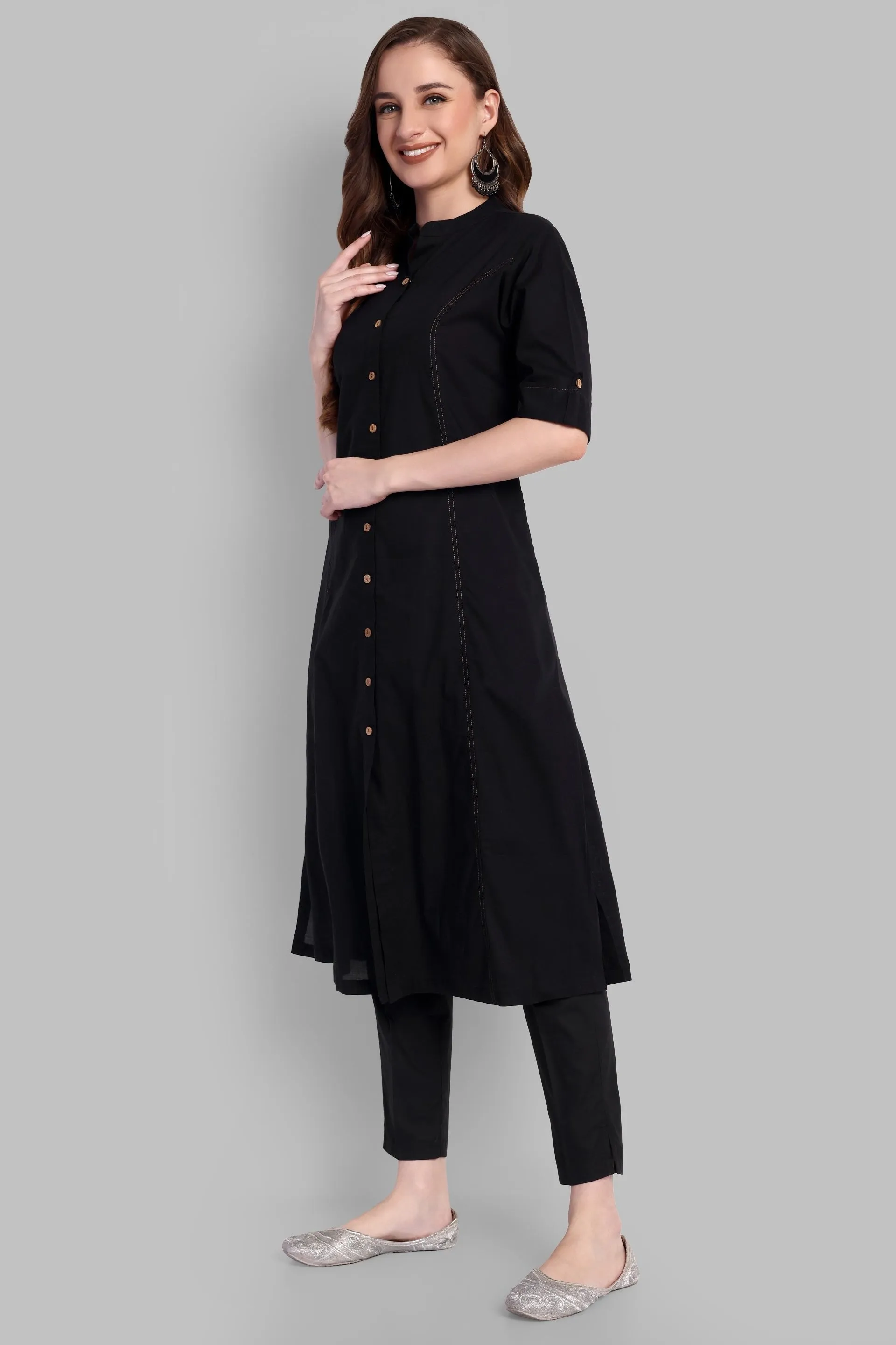 Black A Line Cotton Kurta with Pant - Set of 2