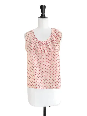 Flower Dotty Print Partial Ruffle Collar Silk Tank