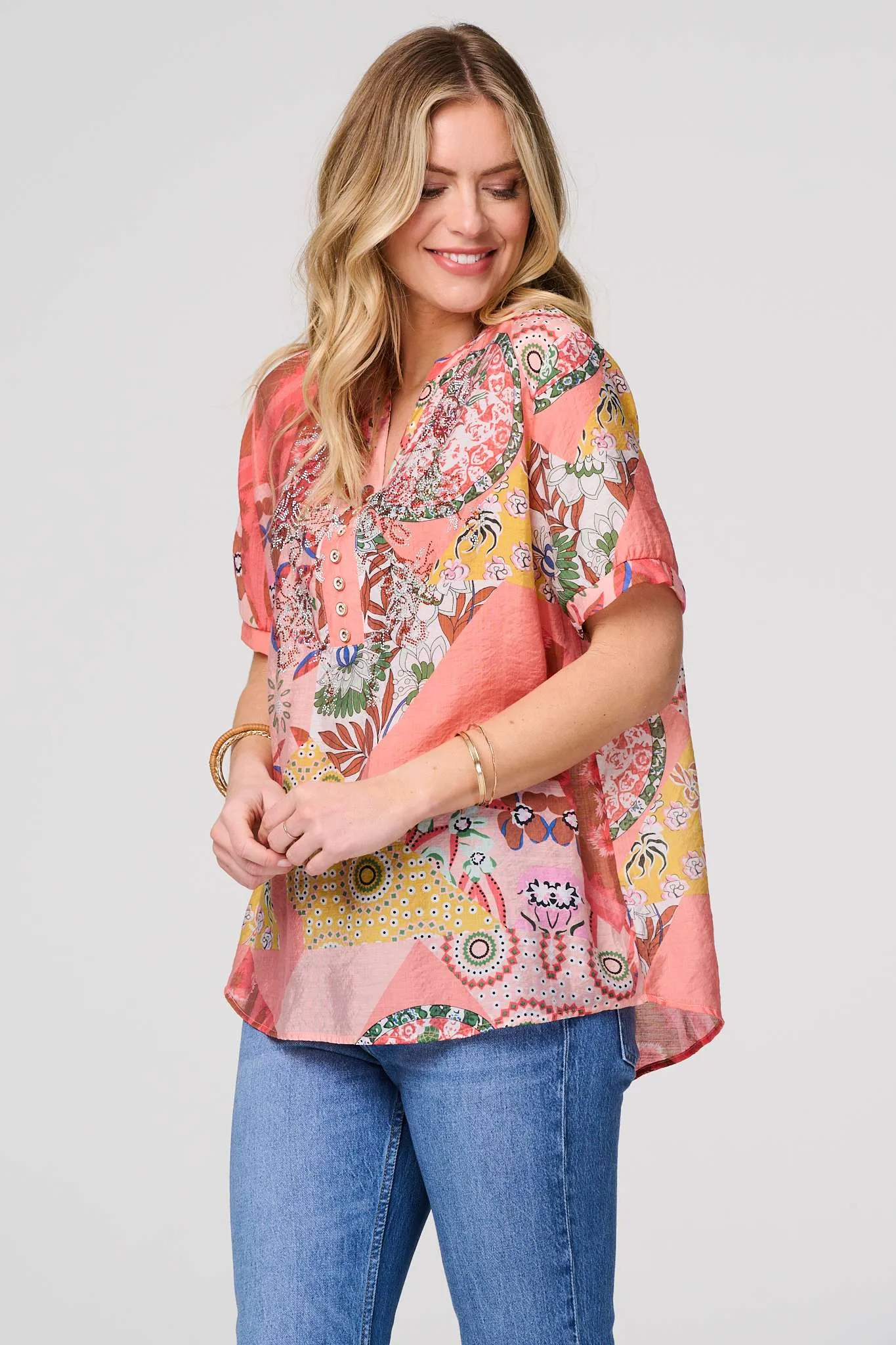 Patchwork Print 1/2 Sleeve Blouse