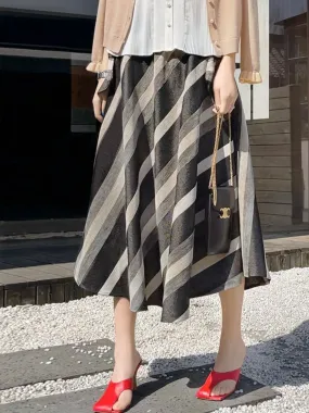 Surprise Sale! Velvet-Striped Denim Tie Bow Pockets Full Midi Skirt