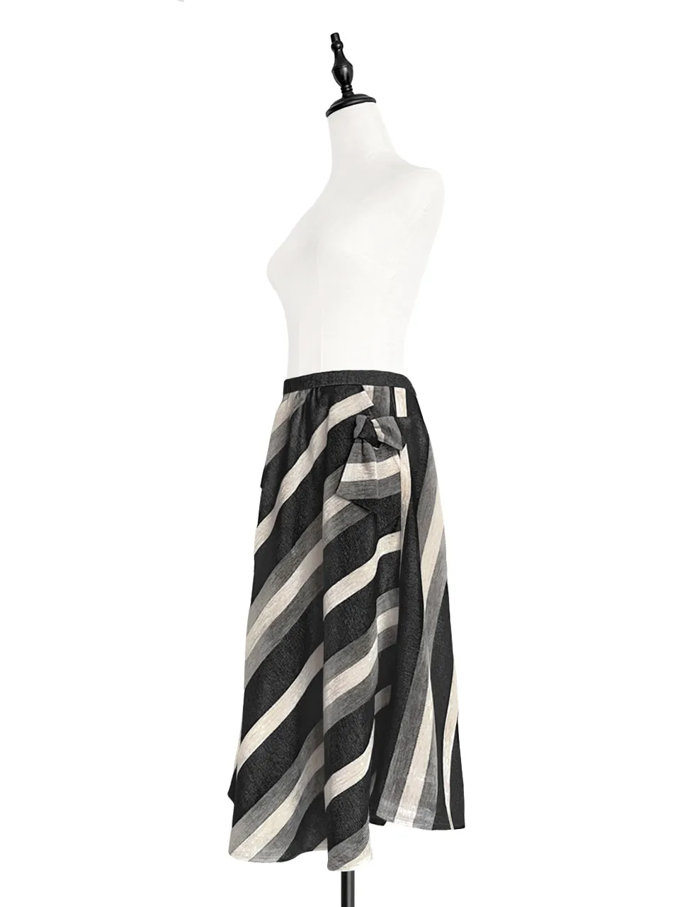 Surprise Sale! Velvet-Striped Denim Tie Bow Pockets Full Midi Skirt