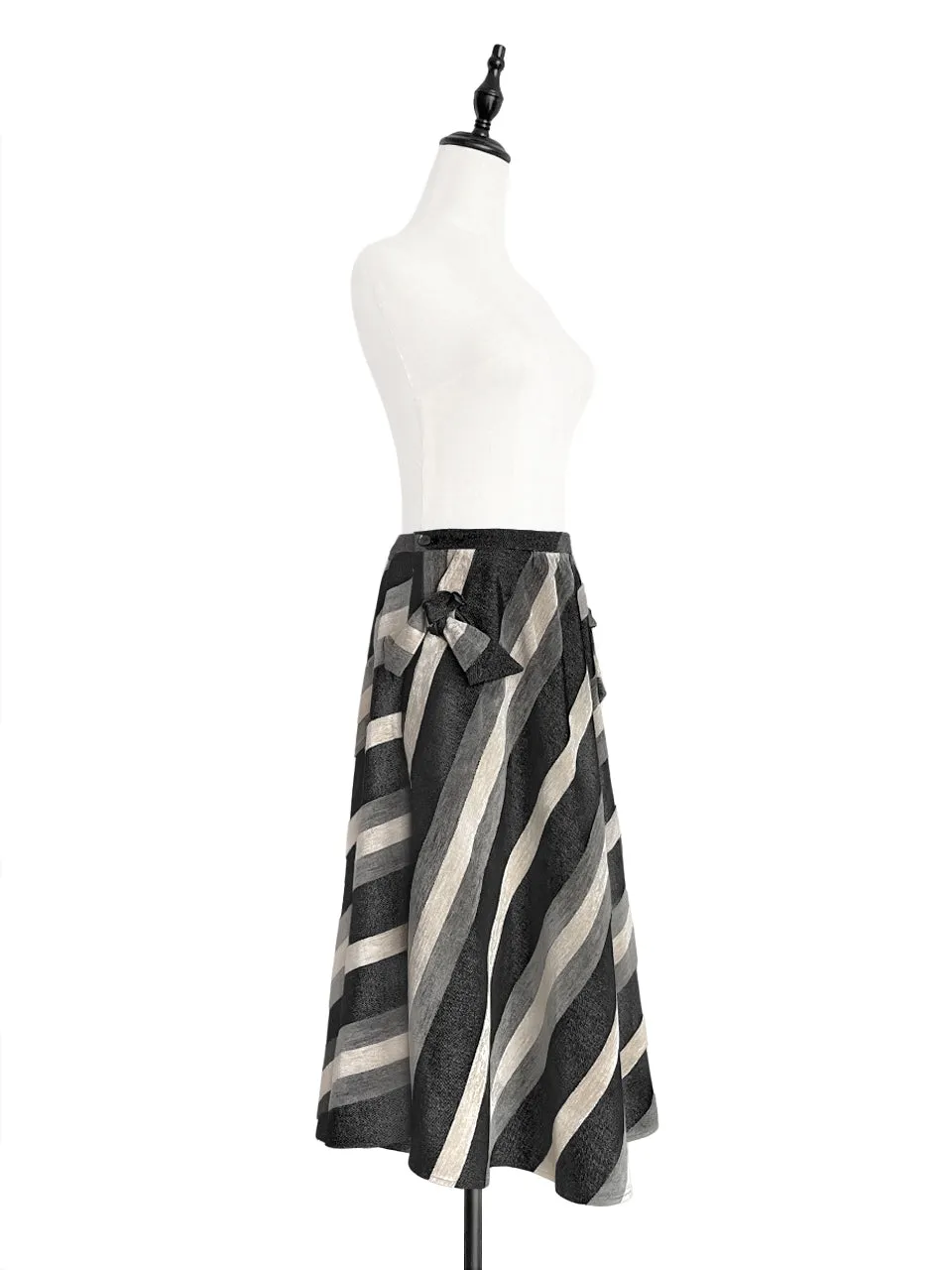 Surprise Sale! Velvet-Striped Denim Tie Bow Pockets Full Midi Skirt